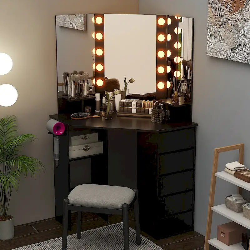 Corner Vanity Desk with LED Mirror and Storage