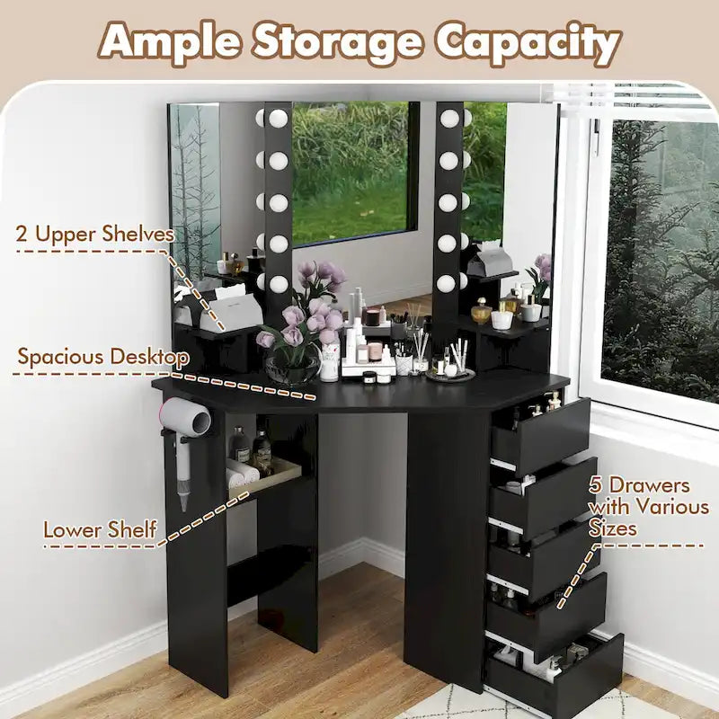 Corner Vanity Desk with LED Mirror and Storage