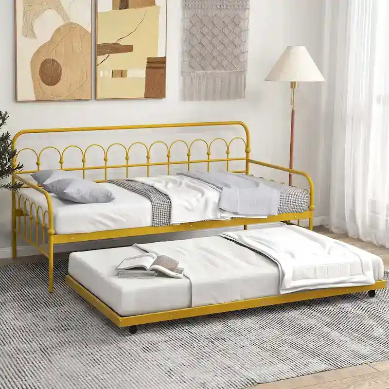 Costway Twin Size Metal Daybed with Trundle Space-Saving Sofa Bed