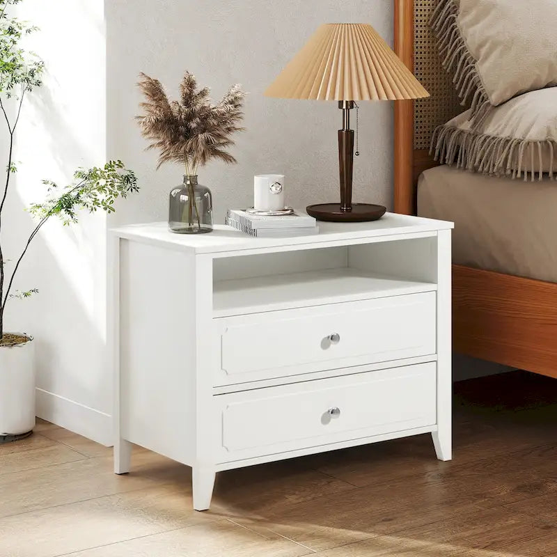 Modern Wide Nightstand with 2 Drawers and Open Storage