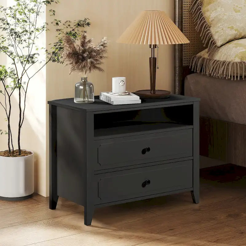 Modern Wide Nightstand with 2 Drawers and Open Storage