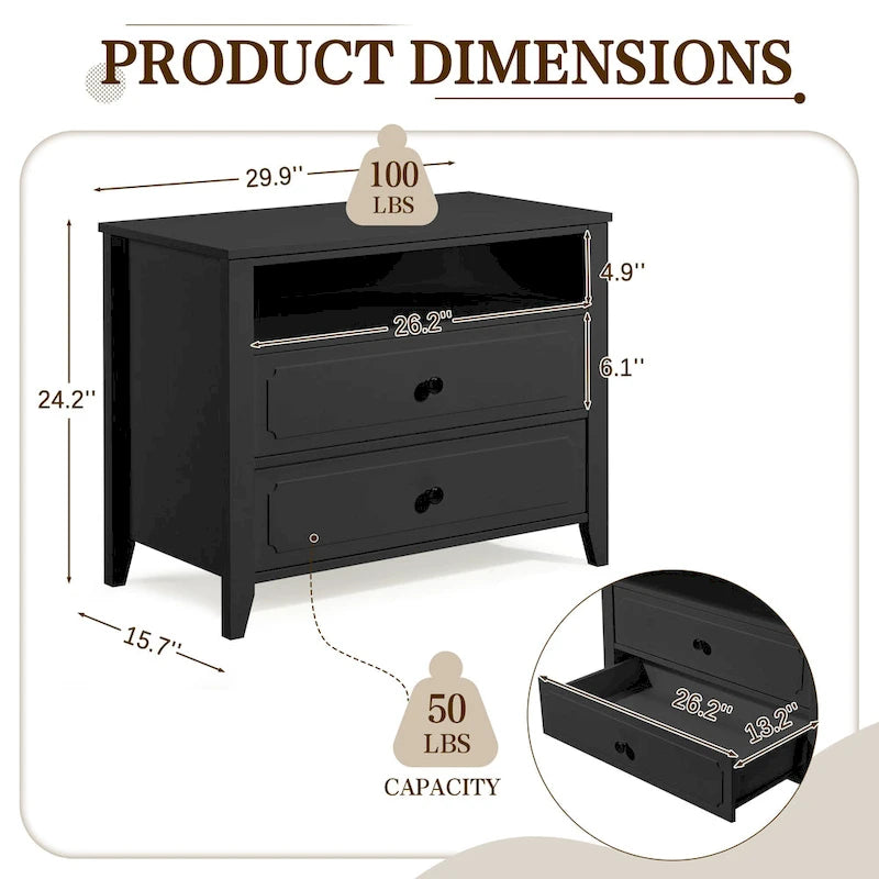 Modern Wide Nightstand with 2 Drawers and Open Storage
