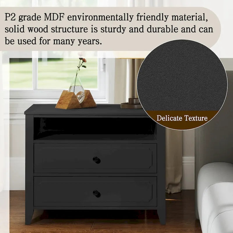 Modern Wide Nightstand with 2 Drawers and Open Storage