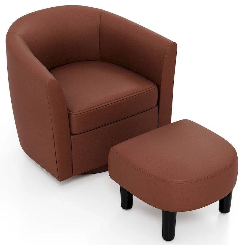 Swivel Barrel Chair with Ottoman Footrest and Curved Backrest