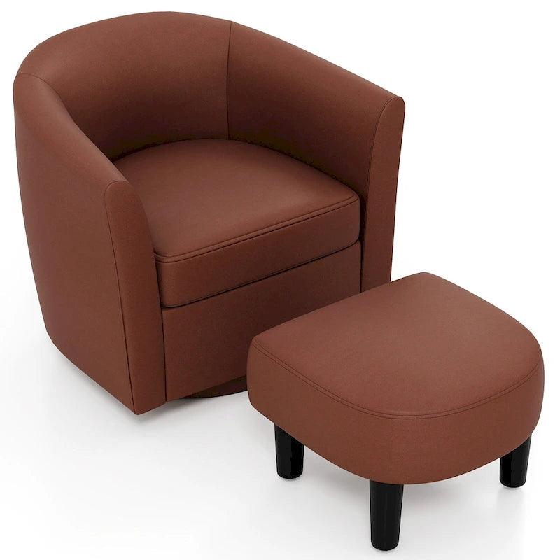 Swivel Barrel Chair with Ottoman Footrest and Curved Backrest