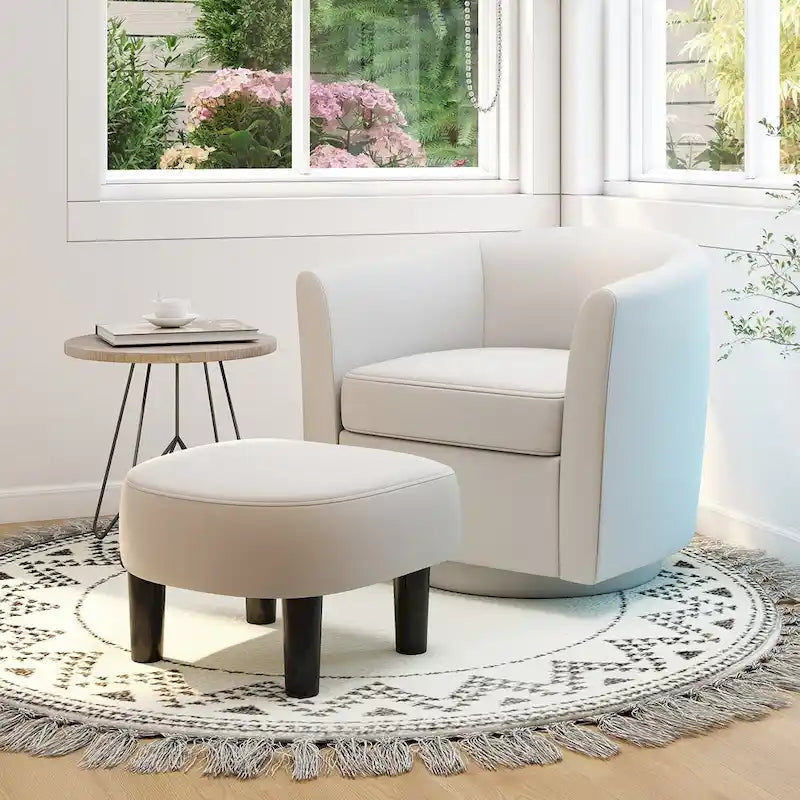 Swivel Barrel Chair with Ottoman Footrest and Curved Backrest