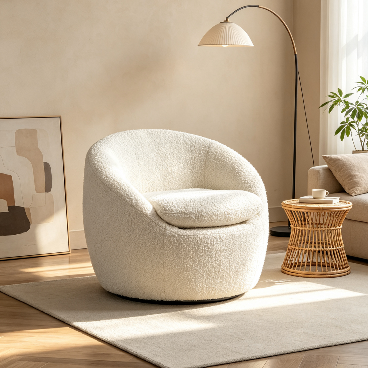 Cream White 31 Boucle Upholstered Barrel Chair with Swivel Base