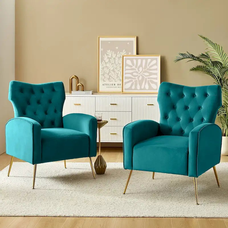 Contemporary Velvet Wingback Tufted Chair with Gold Flared Metal Legs (Set of 2)