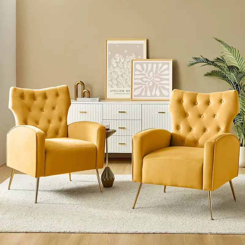 Contemporary Velvet Wingback Tufted Chair with Gold Flared Metal Legs (Set of 2)