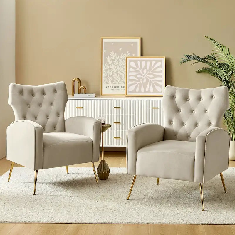 Contemporary Velvet Wingback Tufted Chair with Gold Flared Metal Legs (Set of 2)