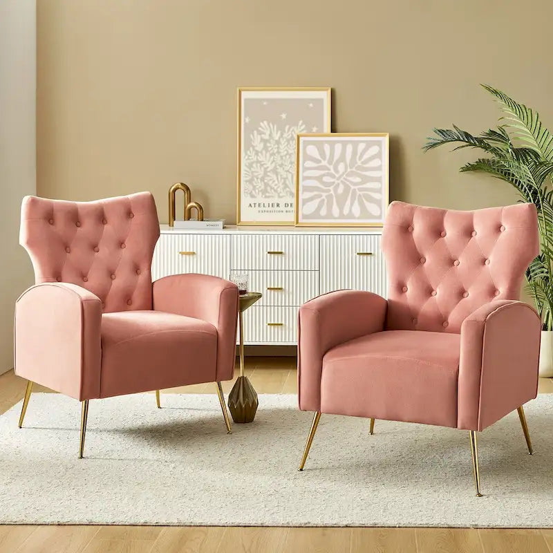 Contemporary Velvet Wingback Tufted Chair with Gold Flared Metal Legs (Set of 2)