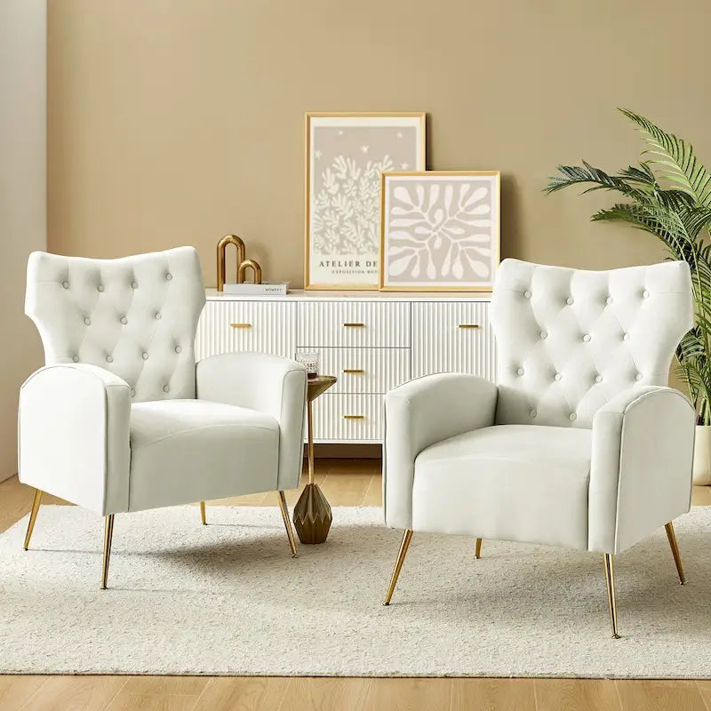 Contemporary Velvet Wingback Tufted Chair with Gold Flared Metal Legs (Set of 2)