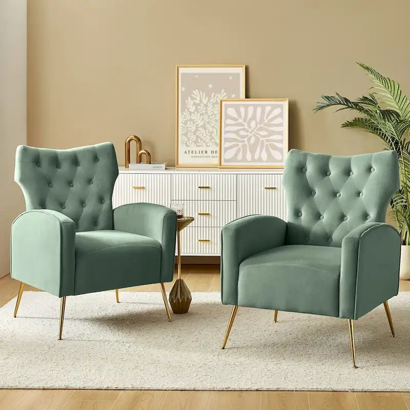 Contemporary Velvet Wingback Tufted Chair with Gold Flared Metal Legs (Set of 2)