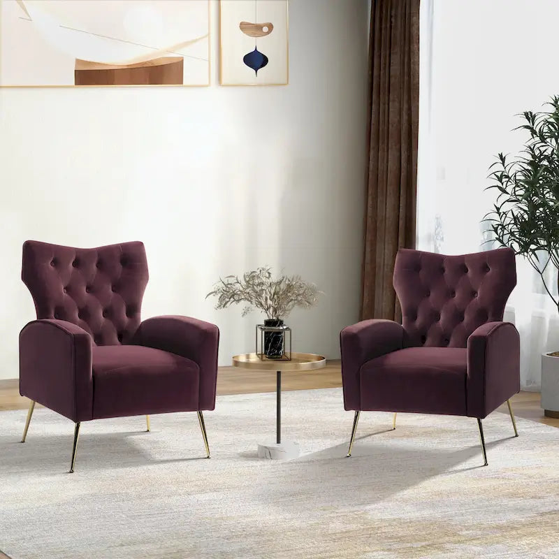 Contemporary Velvet Wingback Tufted Chair with Gold Flared Metal Legs (Set of 2)