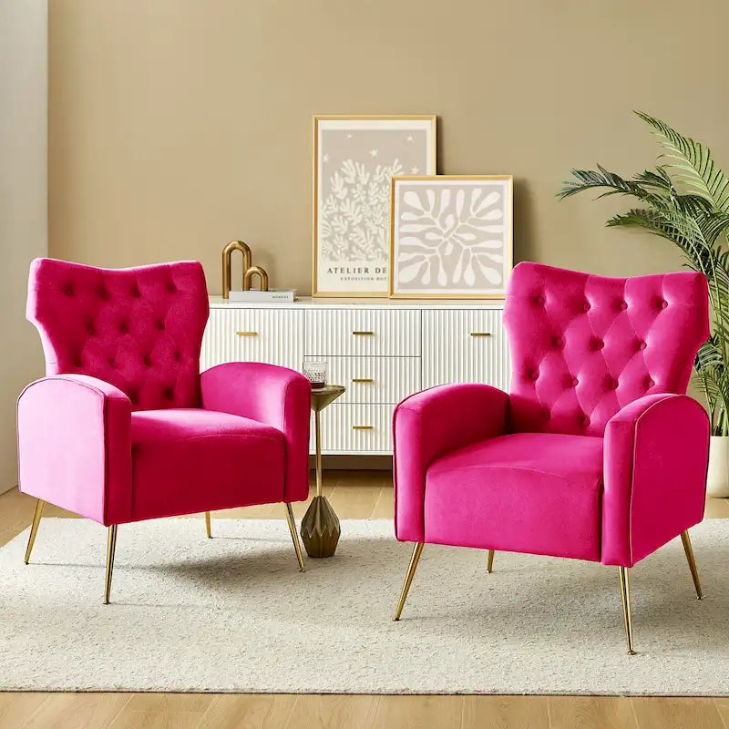 Contemporary Velvet Wingback Tufted Chair with Gold Flared Metal Legs (Set of 2)