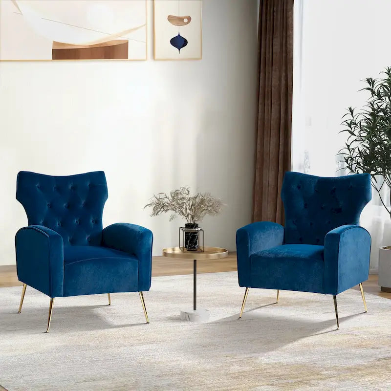Contemporary Velvet Wingback Tufted Chair with Gold Flared Metal Legs (Set of 2)