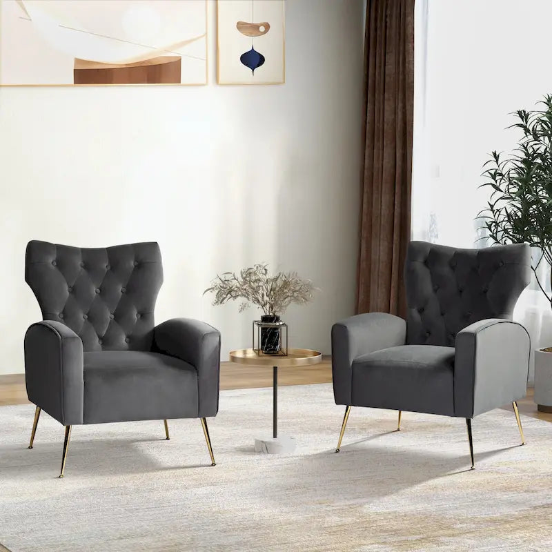 Contemporary Velvet Wingback Tufted Chair with Gold Flared Metal Legs (Set of 2)