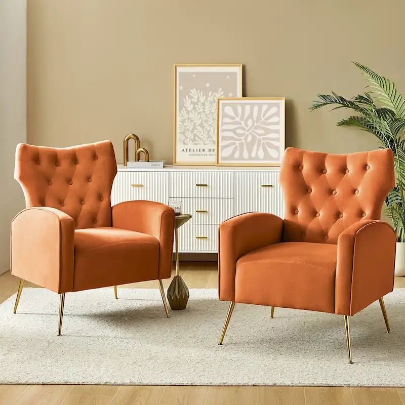 Contemporary Velvet Wingback Tufted Chair with Gold Flared Metal Legs (Set of 2)