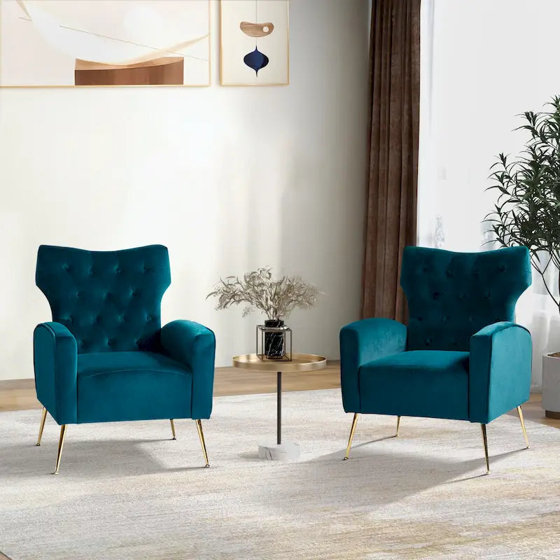 Contemporary Velvet Wingback Tufted Chair with Gold Flared Metal Legs (Set of 2)