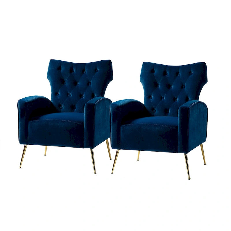 Contemporary Velvet Wingback Tufted Chair with Gold Flared Metal Legs (Set of 2)