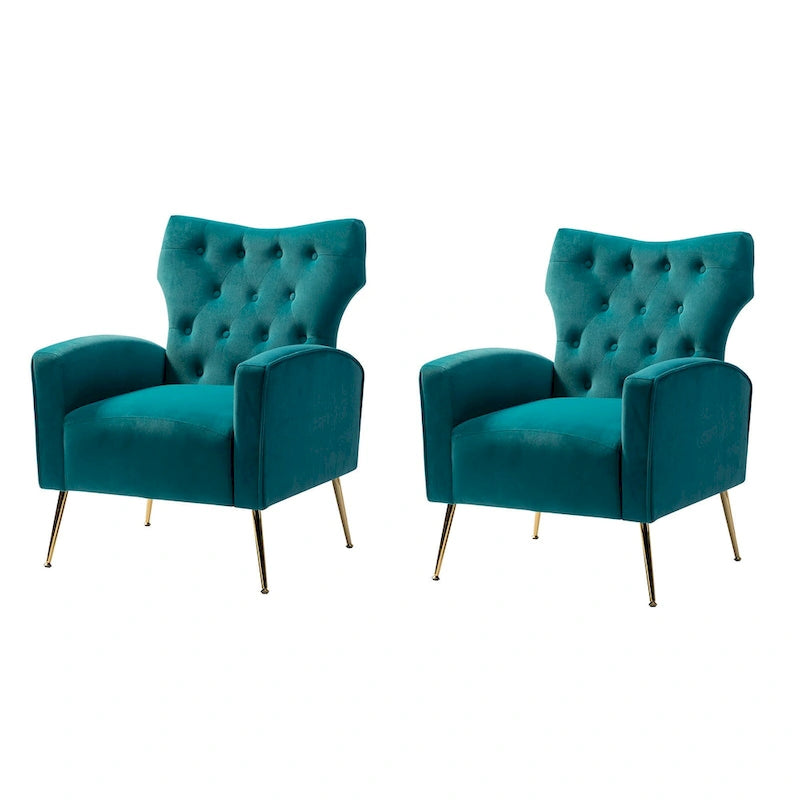 Contemporary Velvet Wingback Tufted Chair with Gold Flared Metal Legs (Set of 2)