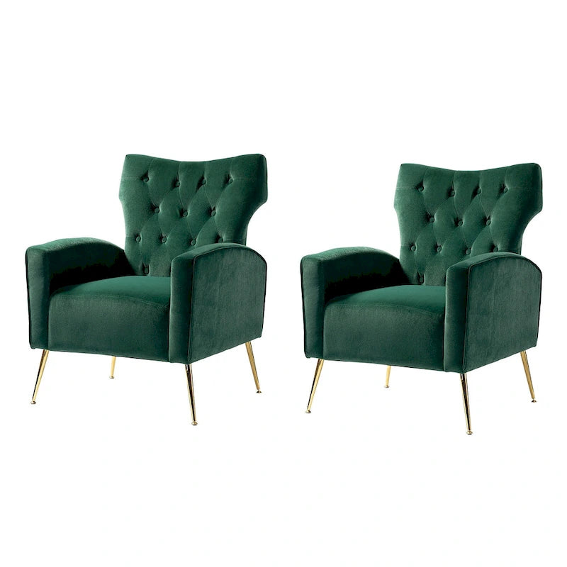 Současné sametové křeslo Wingback s prošíváním a zlatými rozšířenými kovovými nohami (sada 2 ks)