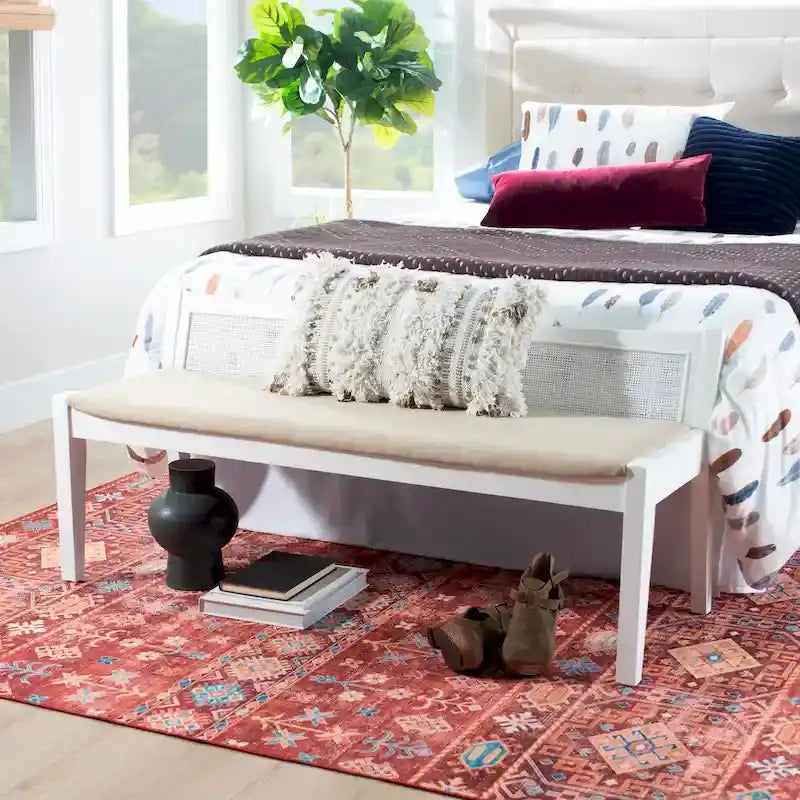 Solid Wood Cane Bench with Upholstered Seat