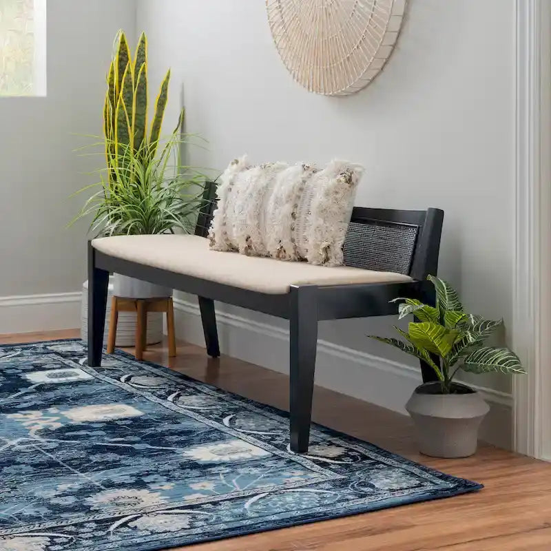 Solid Wood Cane Bench with Upholstered Seat