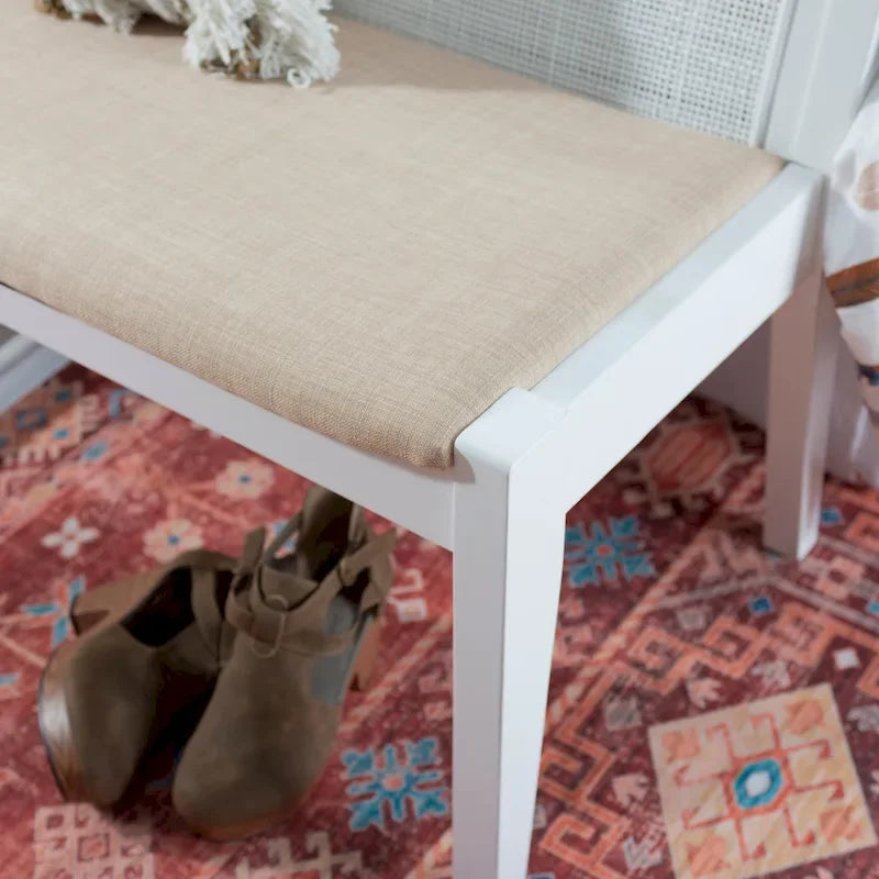 Solid Wood Cane Bench with Upholstered Seat