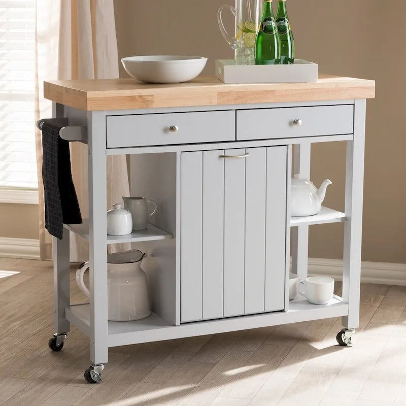 Farmhouse Grey Wood Kitchen Cart