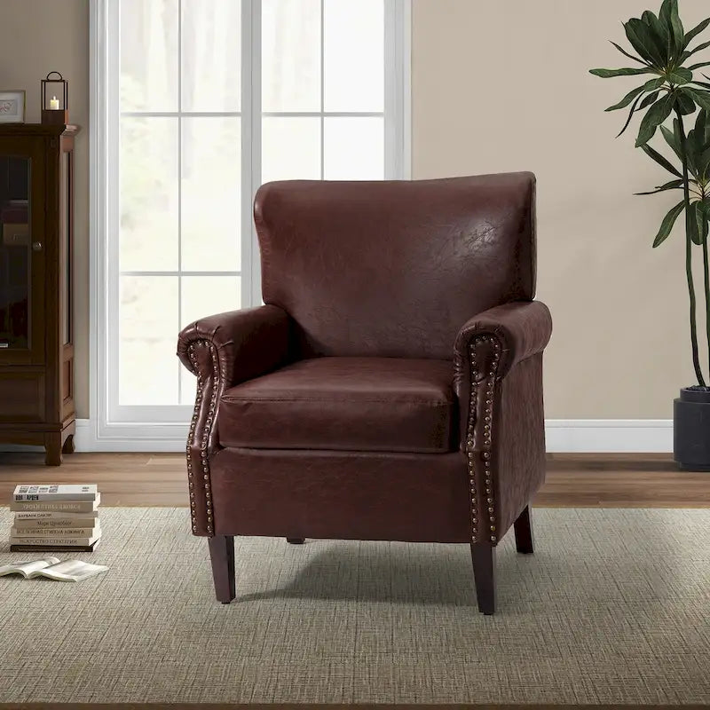 Transitional Leather Armchair with Nailhead Trim Rolled Arms