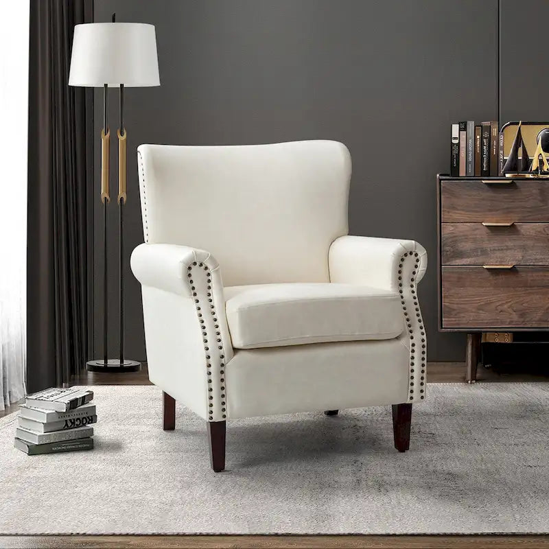 Transitional Leather Armchair with Nailhead Trim Rolled Arms