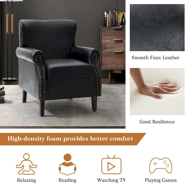 Transitional Leather Armchair with Nailhead Trim Rolled Arms