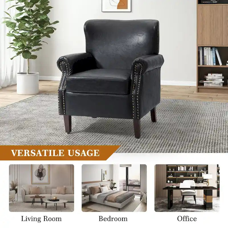 Transitional Leather Armchair with Nailhead Trim Rolled Arms
