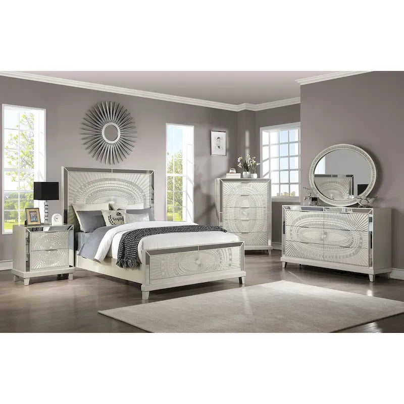 Glam Boho Champagne Wood Carved Panel Bed