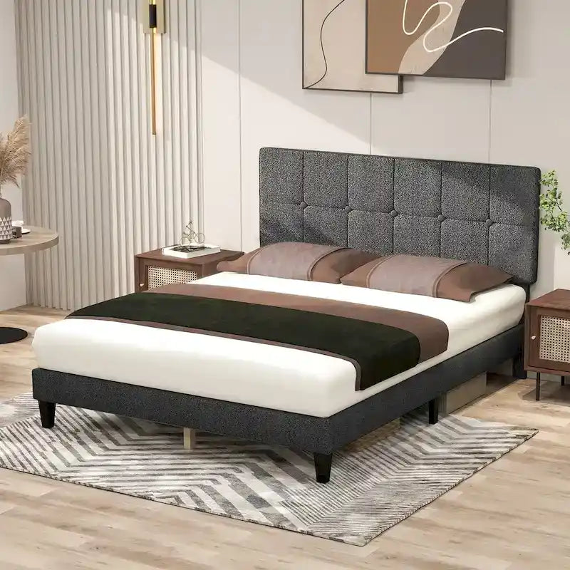 Čalouněná platformová postel se lněným potahem, dřevěný rám s čelem, není potřeba pružinová matrace, bezhlučná, velikosti T/F/Q