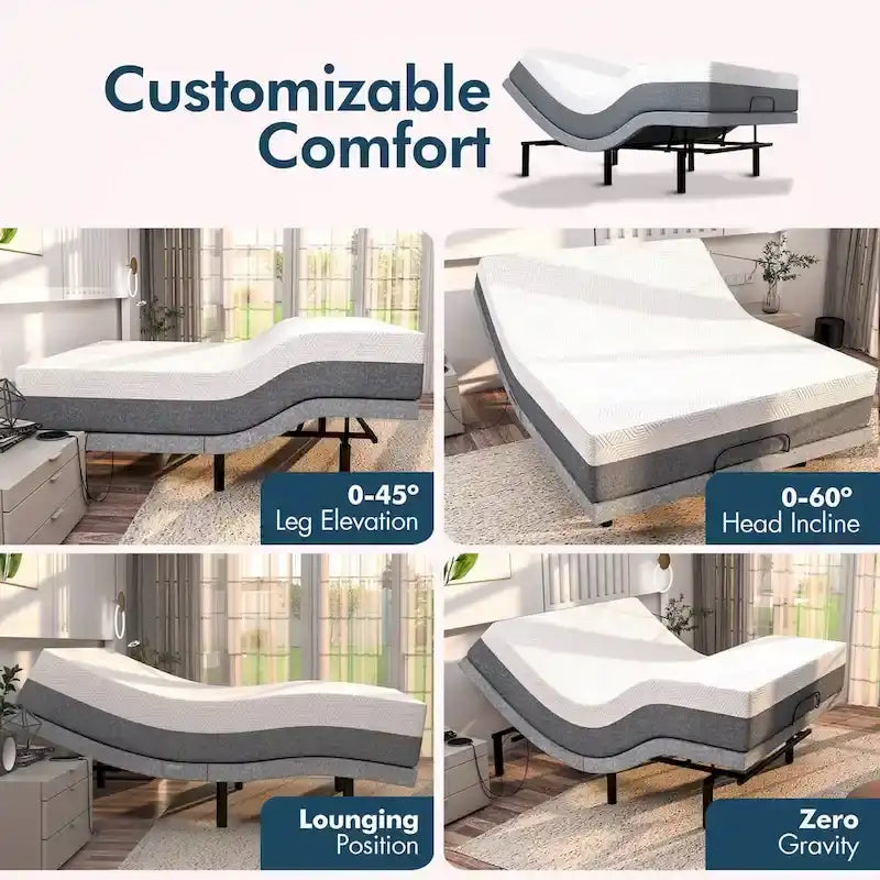 Adjustable Base with 12" Hybrid Mattress, Massage, USB, Underbed Light, App, Head & Foot Incline