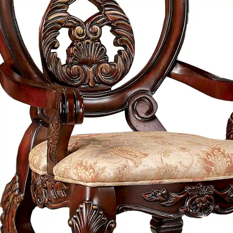 28 Inch Dining Side Chair Set of 2, Brown Wood Carved Back, Beige Fabric